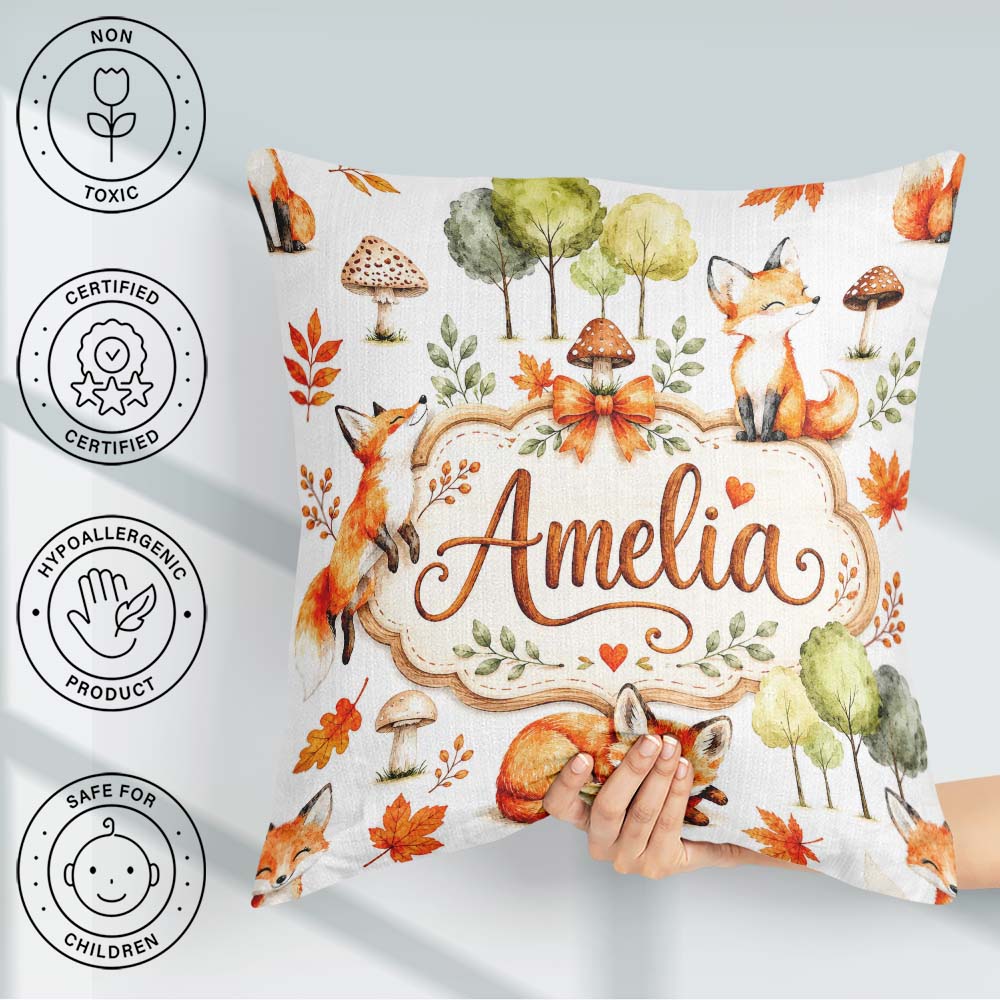 Custom Name Woodland Fox with Trees Mushrooms Soft Grey Seamless Square Filled Cushion Throw Pillow Sofa Bed Home Decor Zip Washable UK Made
