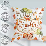 Custom Name Woodland Fox with Trees Mushrooms Soft Grey Seamless Square Filled Cushion Throw Pillow Sofa Bed Home Decor Zip Washable UK Made