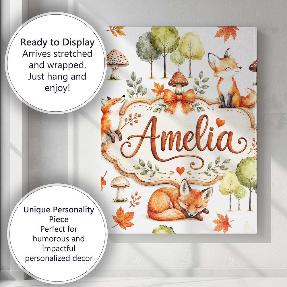 Personalised Name Woodland Fox with Trees Custom  Unique Gift Idea Elegant Feature Canvas Wall Art Print Decor Picture Ready to Hang