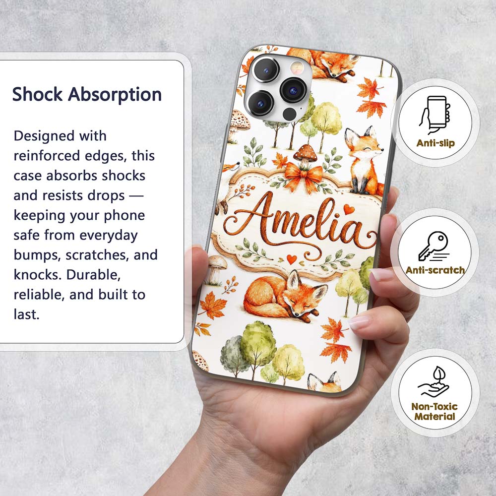Woodland Fox with Trees Leaves Mushrooms Soft Custom Name Protective Phone Case Mobile Cover Durable Everyday Smartphone Shock Resistant