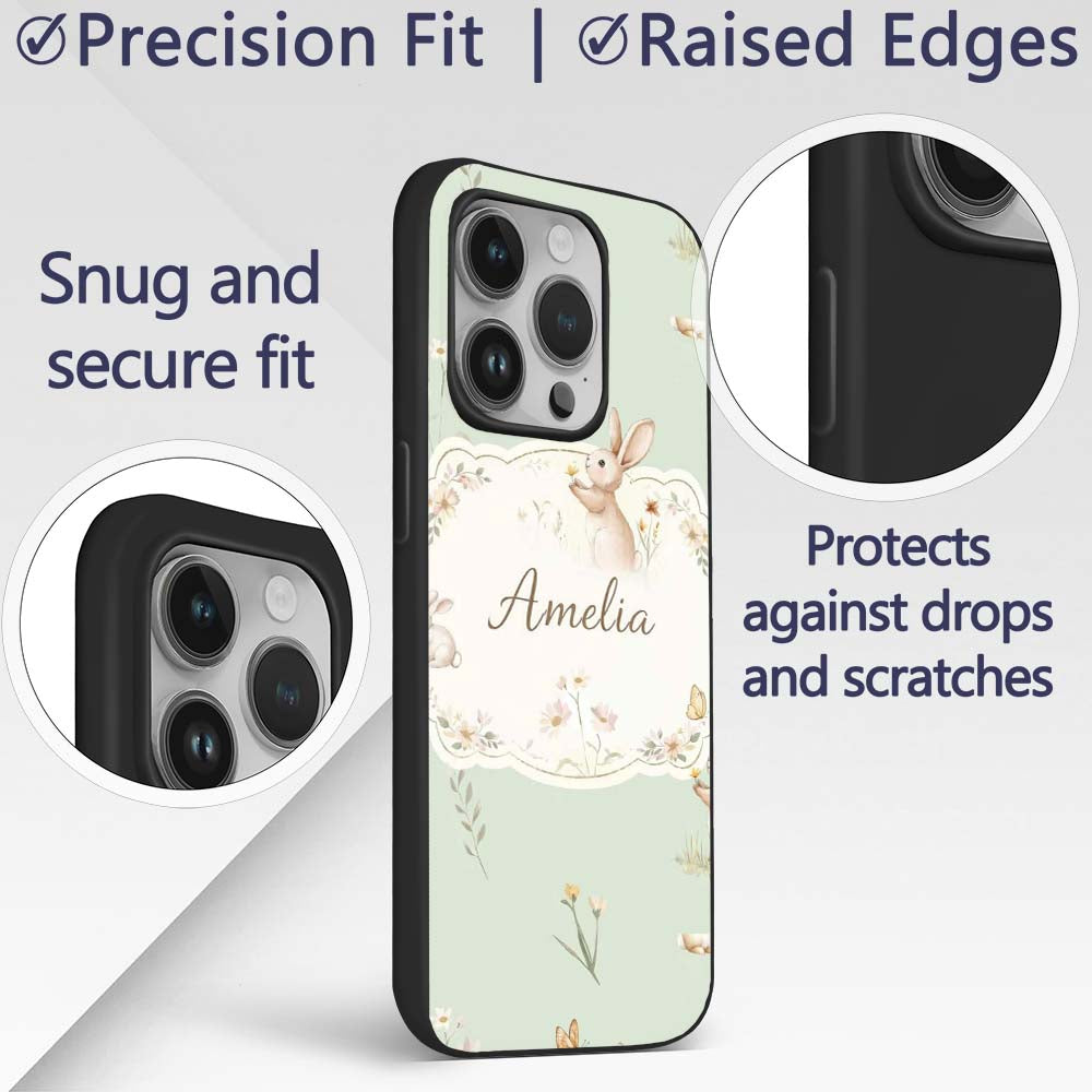 Watercolor Bunny Floral Meadow Printed Design Custom Name Protective Phone Case Mobile Cover Durable Everyday Smartphone Shock Resistant