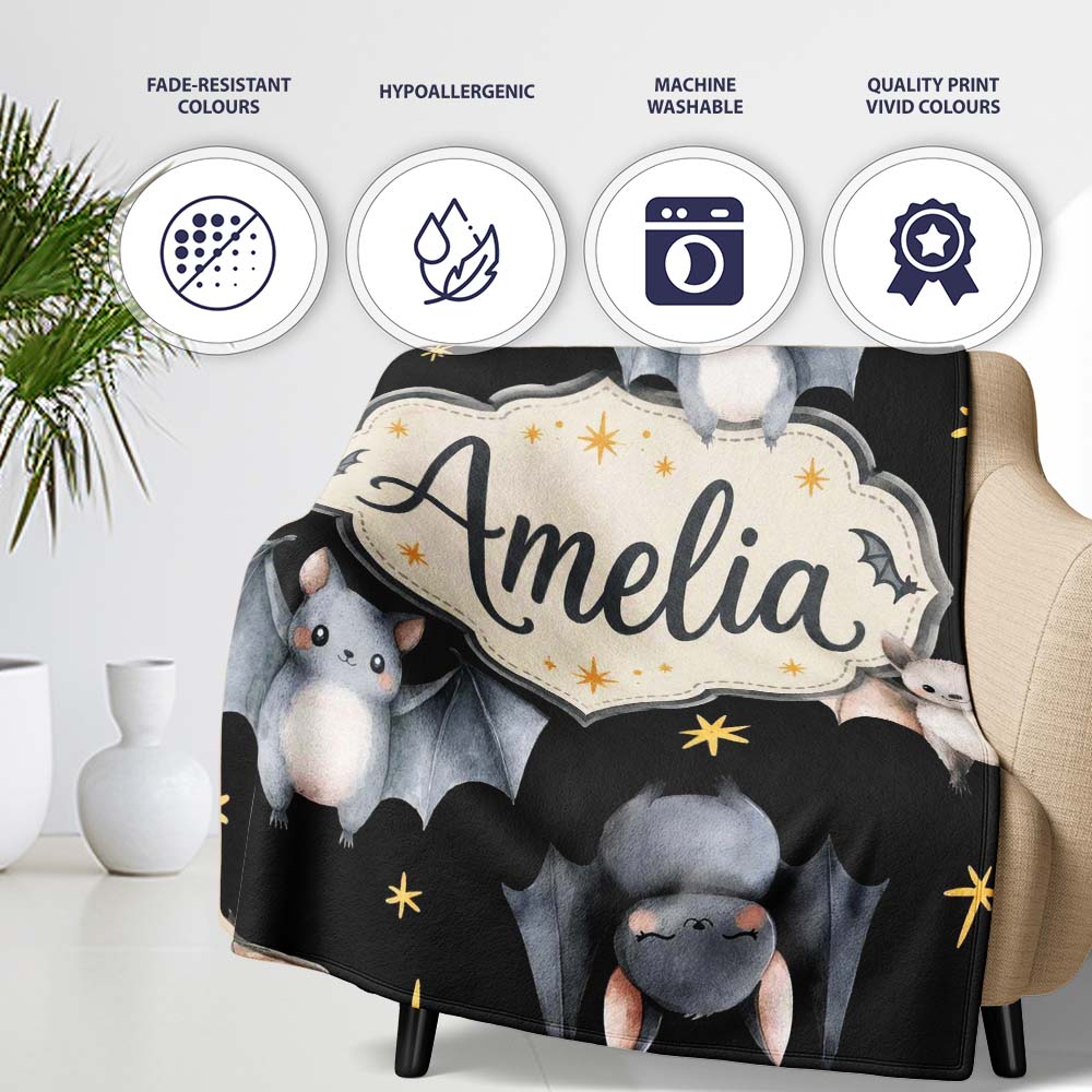 Cute Baby Bats with Stars Night Sky Black Background Seamless  Personalised Custom Name Super Soft Fleece Blanket Bed Sofa Throw