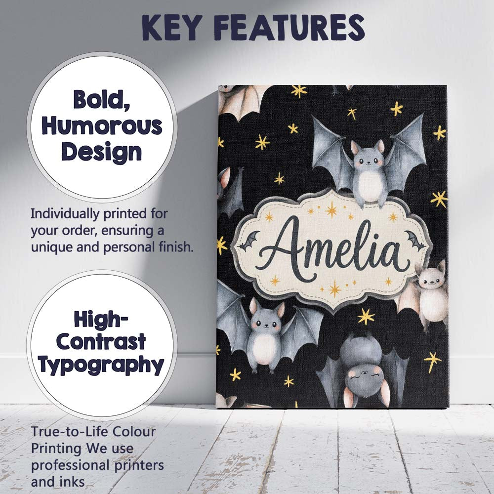 Personalised Name Cute Baby Bats with Stars Custom  Bespoke Interior Contemporary Canvas Wall Art Print Decor Picture Ready to Hang
