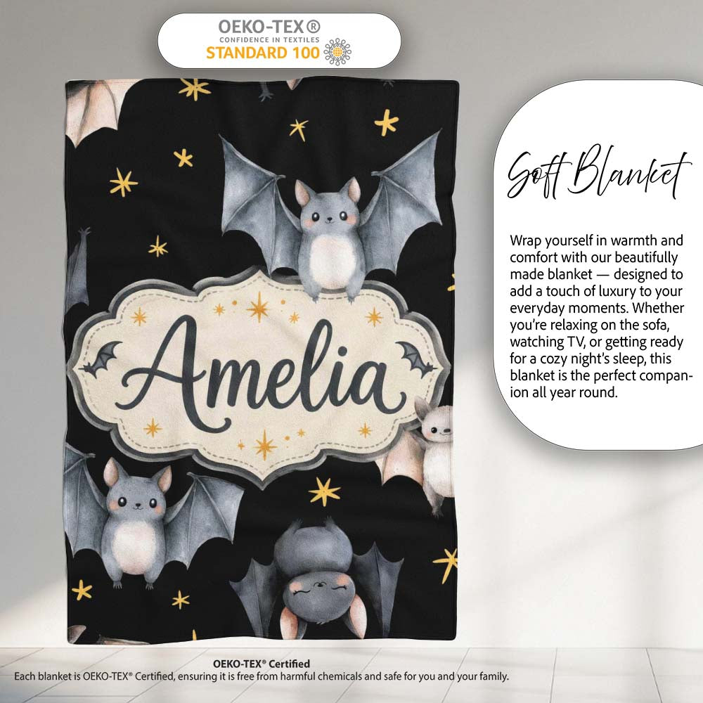 Cute Baby Bats with Stars Night Sky Black Background Seamless  Personalised Custom Name Super Soft Fleece Blanket Bed Sofa Throw