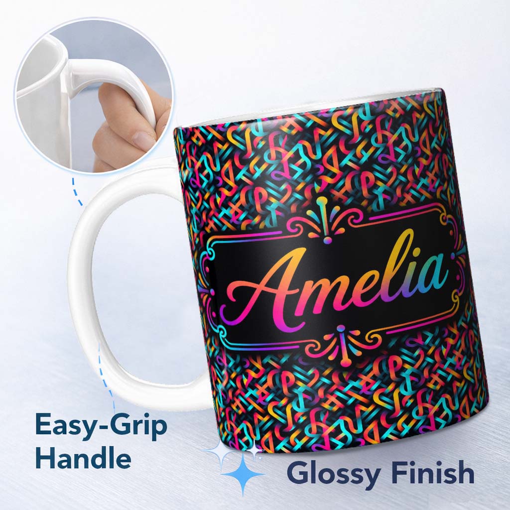 Personalized Custom Name Geometric Neon Interlocking Shapes Pattern on Dark Background Lovely 11oz Ceramic Coffee Tea Mug White Large Handle