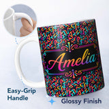 Personalized Custom Name Geometric Neon Interlocking Shapes Pattern on Dark Background Lovely 11oz Ceramic Coffee Tea Mug White Large Handle