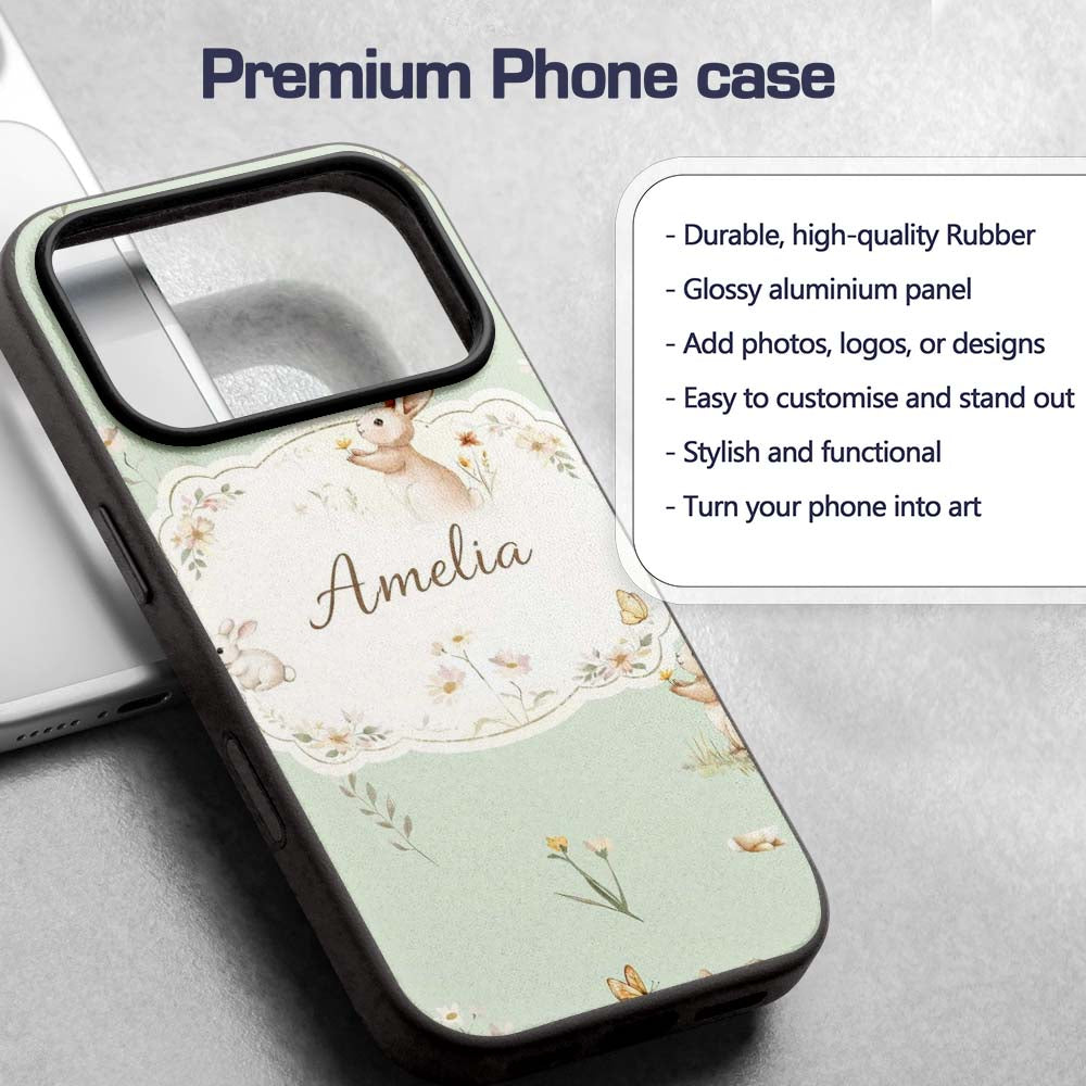 Watercolor Bunny Floral Meadow Printed Design Custom Name Protective Phone Case Mobile Cover Durable Everyday Smartphone Shock Resistant