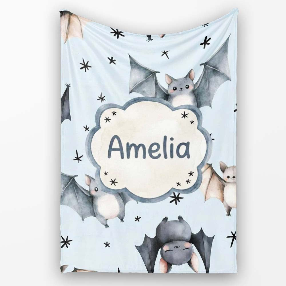 Cute Baby Bats with Stars Night Sky Blue Background Seamless  Personalised Custom Name Super Soft Fleece Blanket Bed Sofa Throw