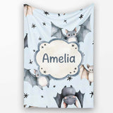Cute Baby Bats with Stars Night Sky Blue Background Seamless  Personalised Custom Name Super Soft Fleece Blanket Bed Sofa Throw