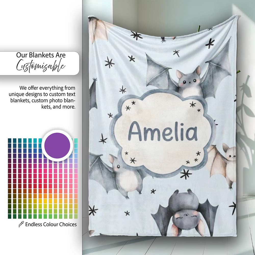 Cute Baby Bats with Stars Night Sky Blue Background Seamless  Personalised Custom Name Super Soft Fleece Blanket Bed Sofa Throw