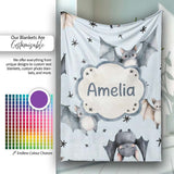 Cute Baby Bats with Stars Night Sky Blue Background Seamless  Personalised Custom Name Super Soft Fleece Blanket Bed Sofa Throw