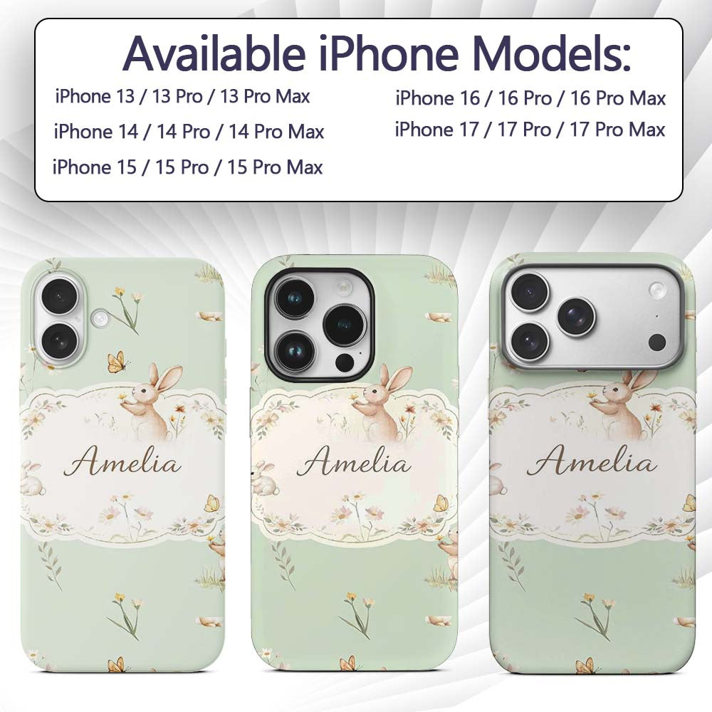 Watercolor Bunny Floral Meadow Printed Design Custom Name Protective Phone Case Mobile Cover Durable Everyday Smartphone Shock Resistant