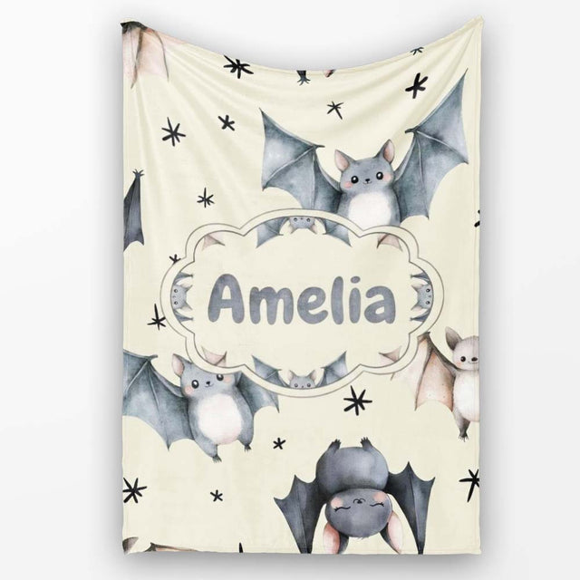 Cute Baby Bats with Stars Night Sky Beige Background Seamless  Personalised Custom Name Super Soft Fleece Blanket Bed Sofa Throw