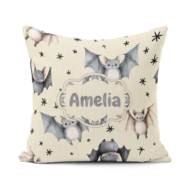 Custom Name Cute Baby Bats with Stars Night Sky Beige Background Square Filled Cushion Throw Pillow Sofa Bed Home Decor Zip Washable UK Made