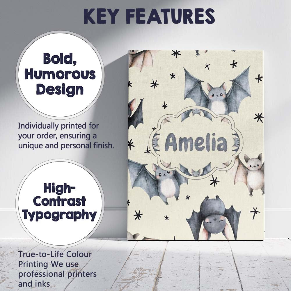 Personalised Name Cute Baby Bats with Stars Custom  Bespoke Interior Contemporary Canvas Wall Art Print Decor Picture Ready to Hang