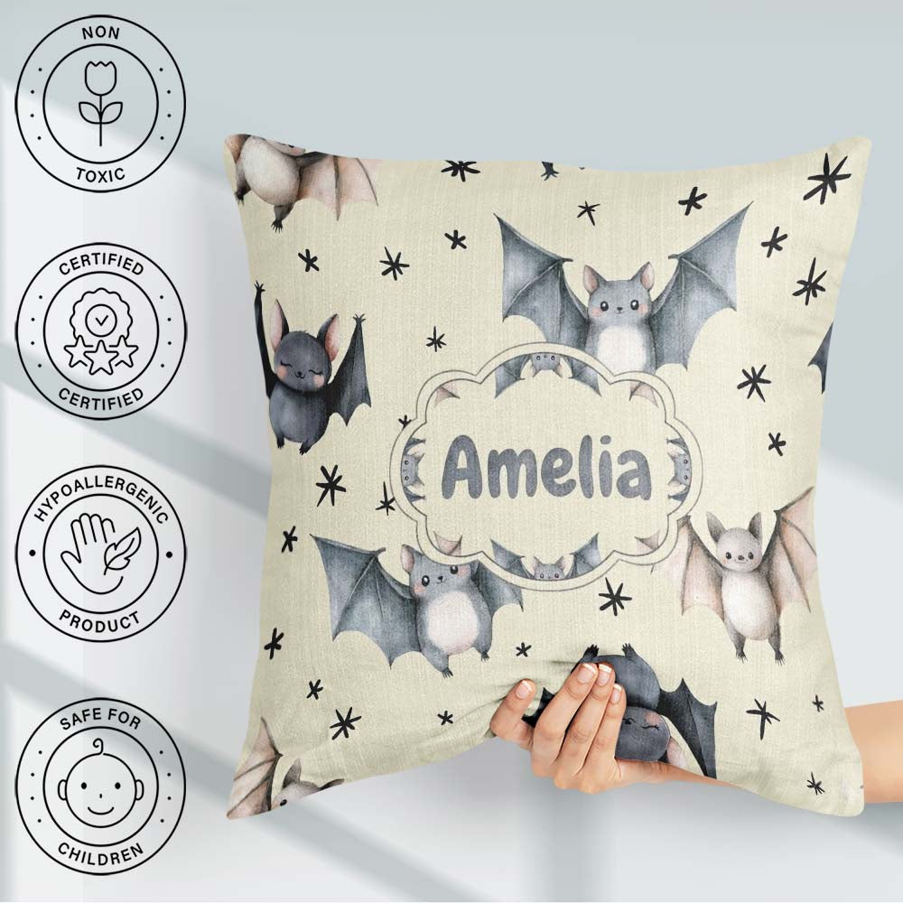 Custom Name Cute Baby Bats with Stars Night Sky Beige Background Square Filled Cushion Throw Pillow Sofa Bed Home Decor Zip Washable UK Made