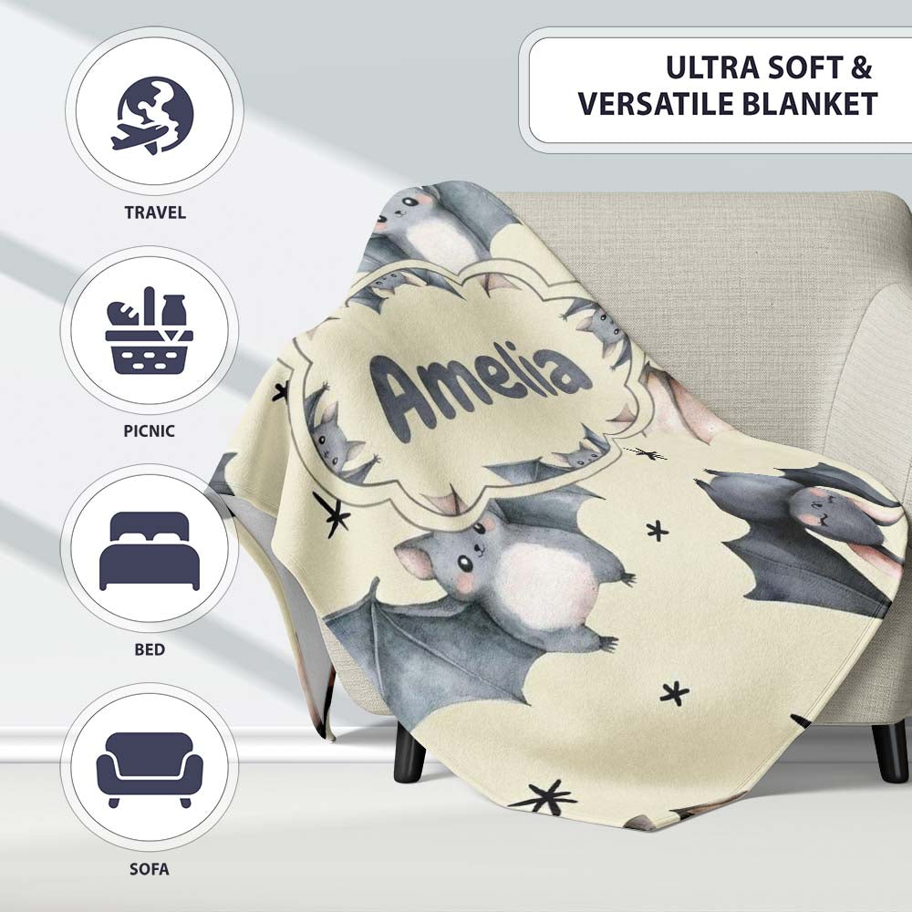 Cute Baby Bats with Stars Night Sky Beige Background Seamless  Personalised Custom Name Super Soft Fleece Blanket Bed Sofa Throw