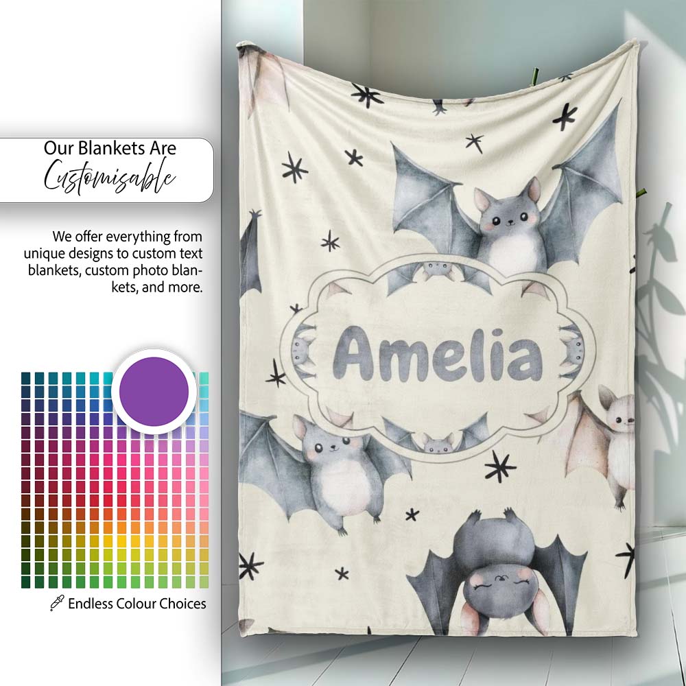 Cute Baby Bats with Stars Night Sky Beige Background Seamless  Personalised Custom Name Super Soft Fleece Blanket Bed Sofa Throw