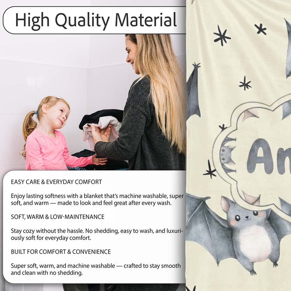 Cute Baby Bats with Stars Night Sky Beige Background Seamless  Personalised Custom Name Super Soft Fleece Blanket Bed Sofa Throw