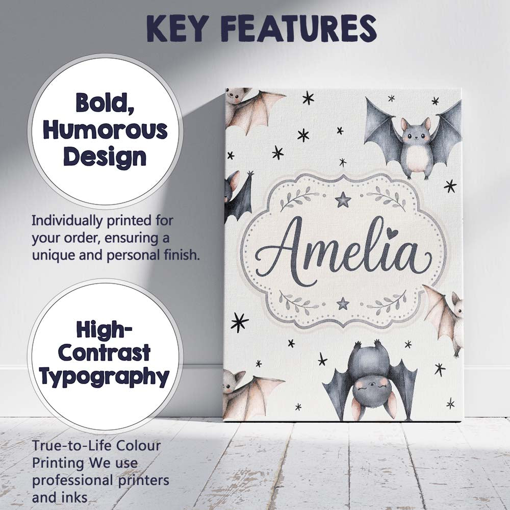 Personalised Name Cute Baby Bats Flying Custom  Modern Room Accent Elegant Feature Canvas Wall Art Print Decor Picture Ready to Hang