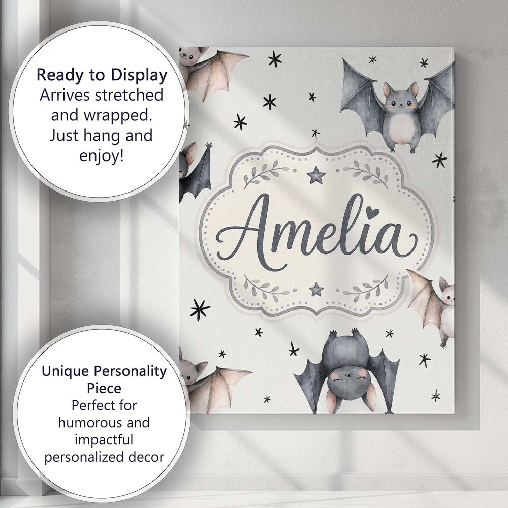 Personalised Name Cute Baby Bats Flying Custom  Modern Room Accent Elegant Feature Canvas Wall Art Print Decor Picture Ready to Hang