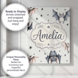 Personalised Name Cute Baby Bats Flying Custom  Modern Room Accent Elegant Feature Canvas Wall Art Print Decor Picture Ready to Hang