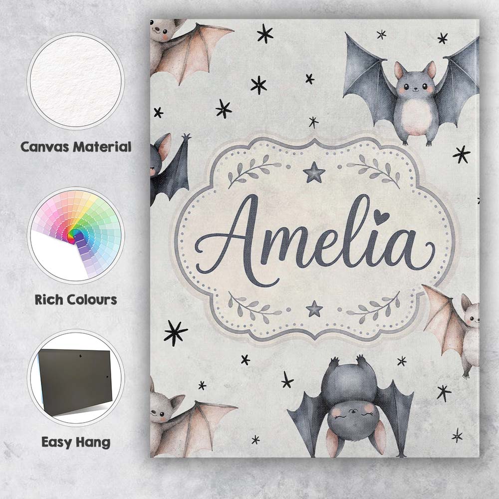 Personalised Name Cute Baby Bats Flying Custom  Modern Room Accent Elegant Feature Canvas Wall Art Print Decor Picture Ready to Hang