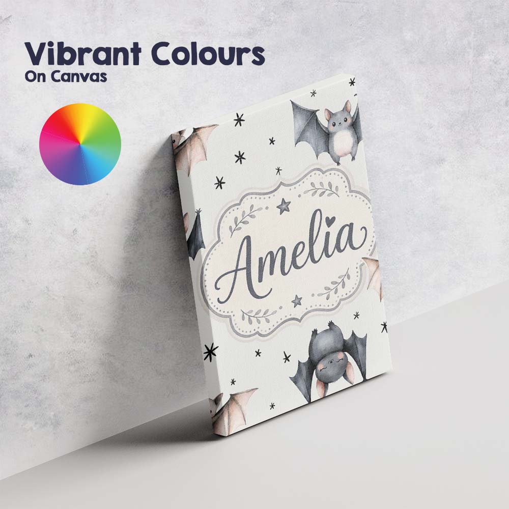 Personalised Name Cute Baby Bats Flying Custom  Modern Room Accent Elegant Feature Canvas Wall Art Print Decor Picture Ready to Hang