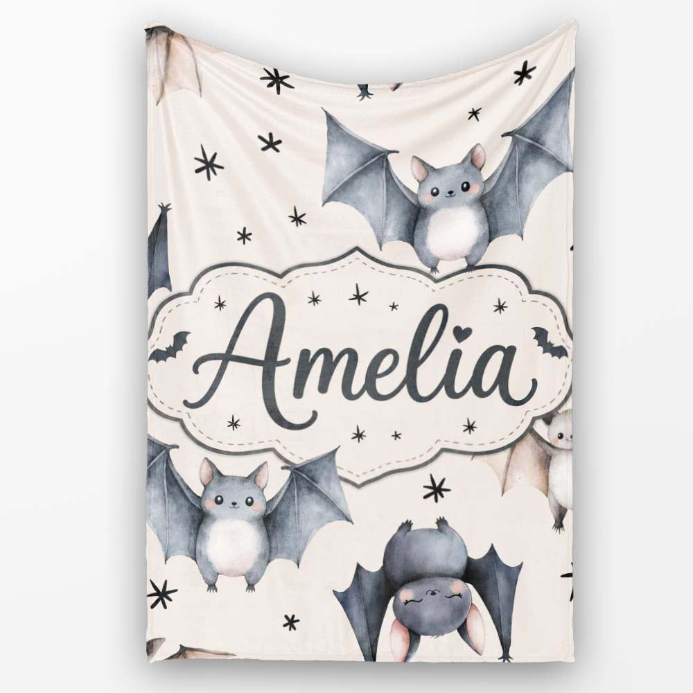 Cute Baby Bats Flying with Stars Soft Beige Background Seamless  Personalised Custom Name Super Soft Fleece Blanket Bed Sofa Throw