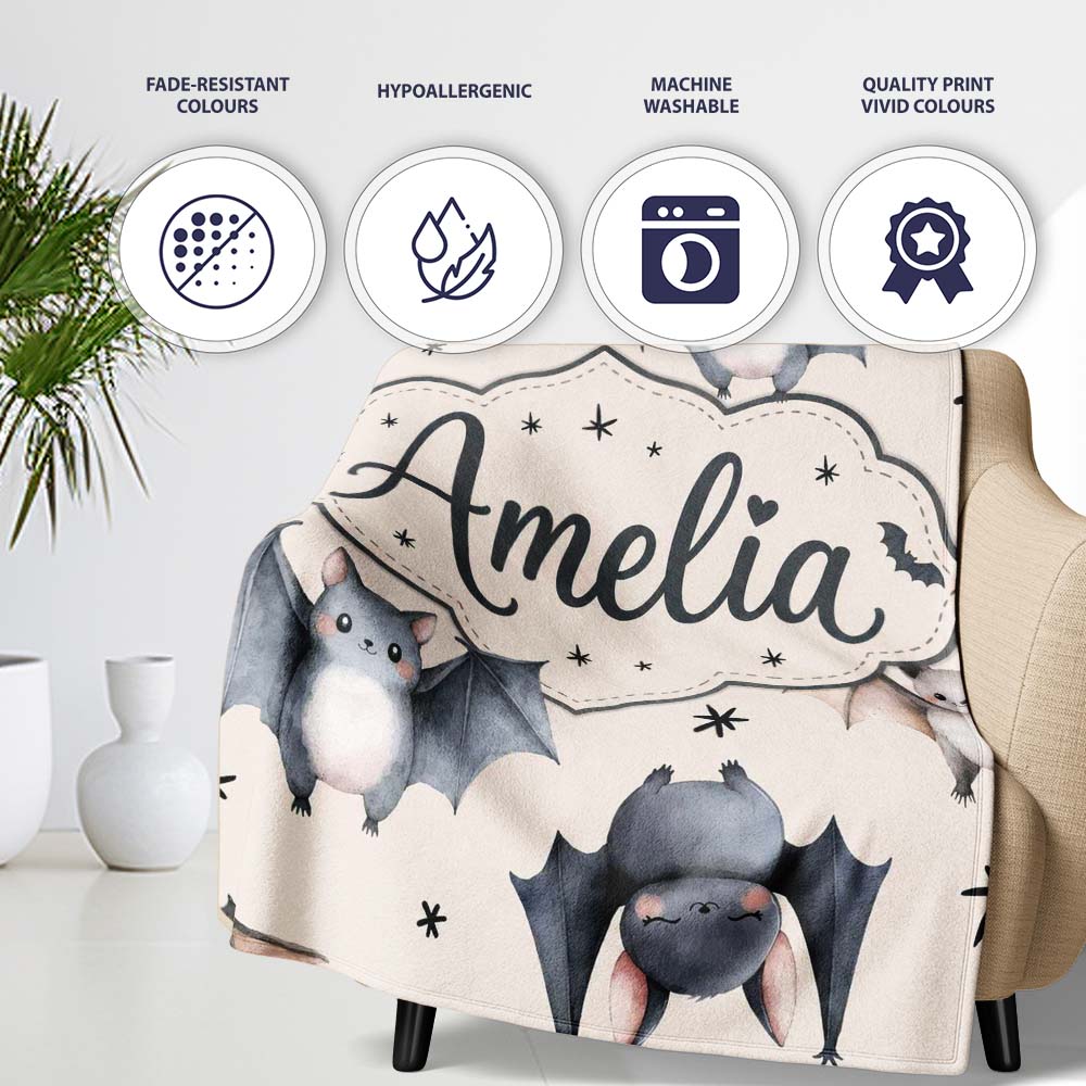 Cute Baby Bats Flying with Stars Soft Beige Background Seamless  Personalised Custom Name Super Soft Fleece Blanket Bed Sofa Throw