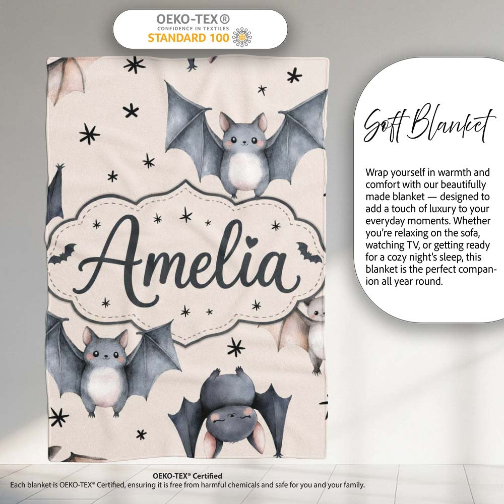 Cute Baby Bats Flying with Stars Soft Beige Background Seamless  Personalised Custom Name Super Soft Fleece Blanket Bed Sofa Throw