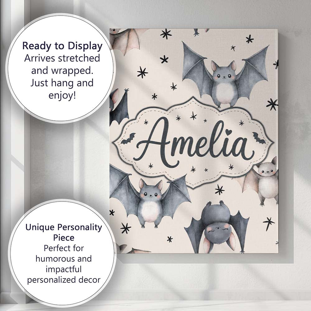 Personalised Name Cute Baby Bats Flying Custom  Modern Room Accent Elegant Feature Canvas Wall Art Print Decor Picture Ready to Hang