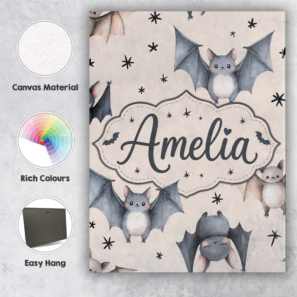 Personalised Name Cute Baby Bats Flying Custom  Modern Room Accent Elegant Feature Canvas Wall Art Print Decor Picture Ready to Hang