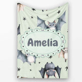Cute Baby Bats Flying with Stars Soft Sage Green Background  Personalised Custom Name Super Soft Fleece Blanket Bed Sofa Throw