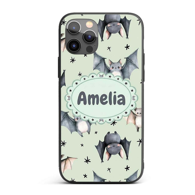 Cute Baby Bats Flying with Stars Soft Sage Green Custom Name Protective Phone Case Mobile Cover Durable Everyday Smartphone Shock Resistant