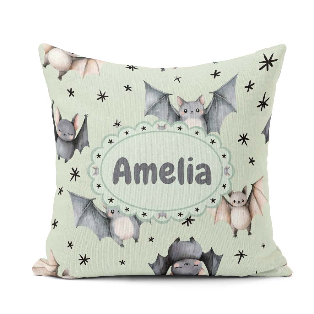 Custom Name Cute Baby Bats with Stars Soft Sage Green Background Square Filled Cushion Throw Pillow Sofa Bed Home Decor Zip Washable UK Made