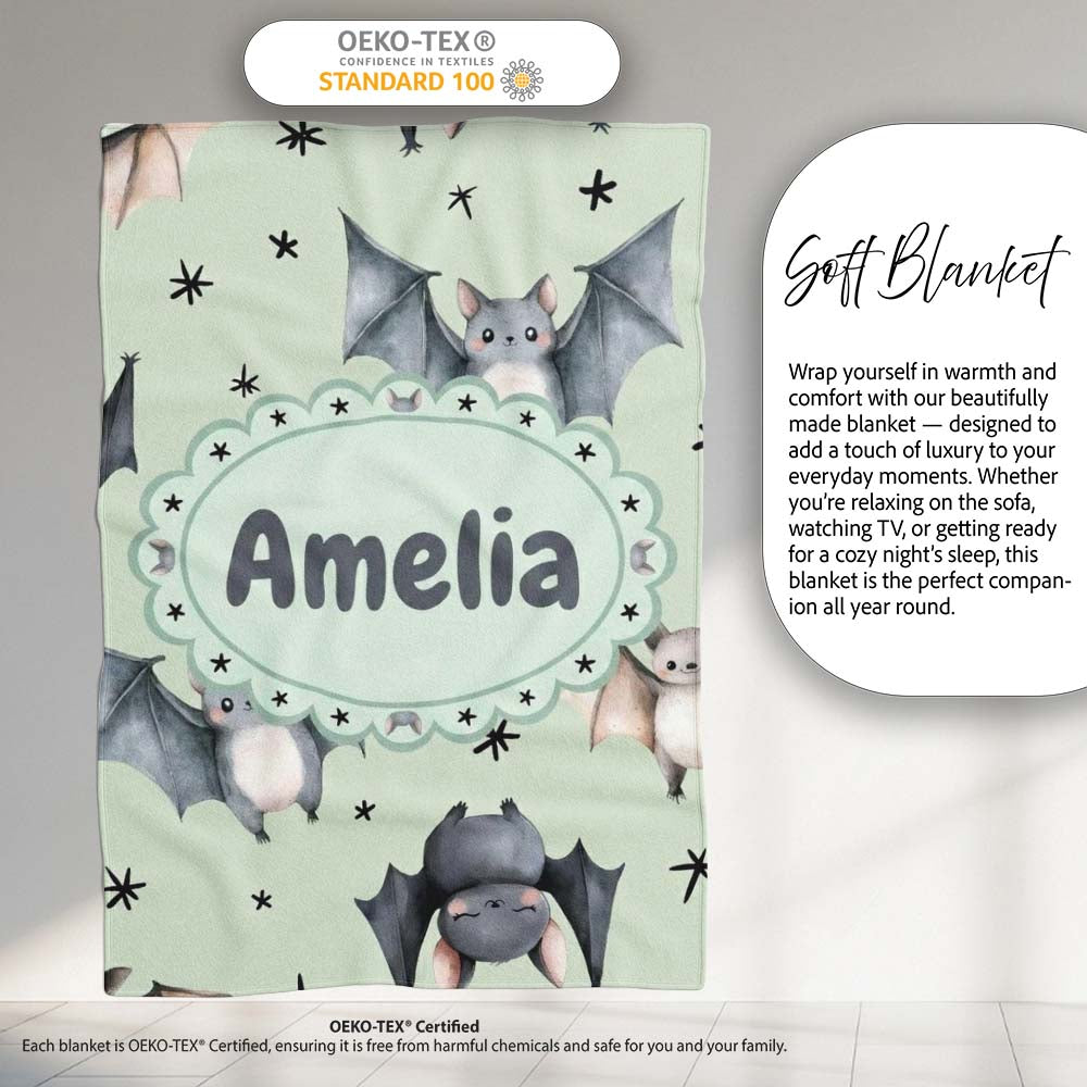Cute Baby Bats Flying with Stars Soft Sage Green Background  Personalised Custom Name Super Soft Fleece Blanket Bed Sofa Throw