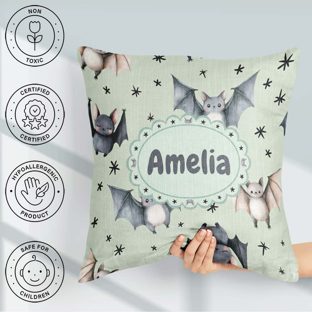 Custom Name Cute Baby Bats with Stars Soft Sage Green Background Square Filled Cushion Throw Pillow Sofa Bed Home Decor Zip Washable UK Made