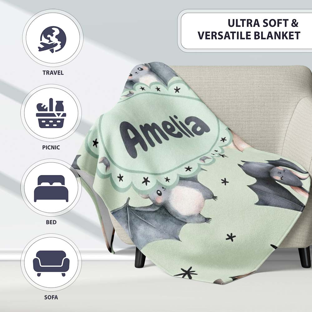 Cute Baby Bats Flying with Stars Soft Sage Green Background  Personalised Custom Name Super Soft Fleece Blanket Bed Sofa Throw