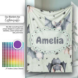 Cute Baby Bats Flying with Stars Soft Sage Green Background  Personalised Custom Name Super Soft Fleece Blanket Bed Sofa Throw