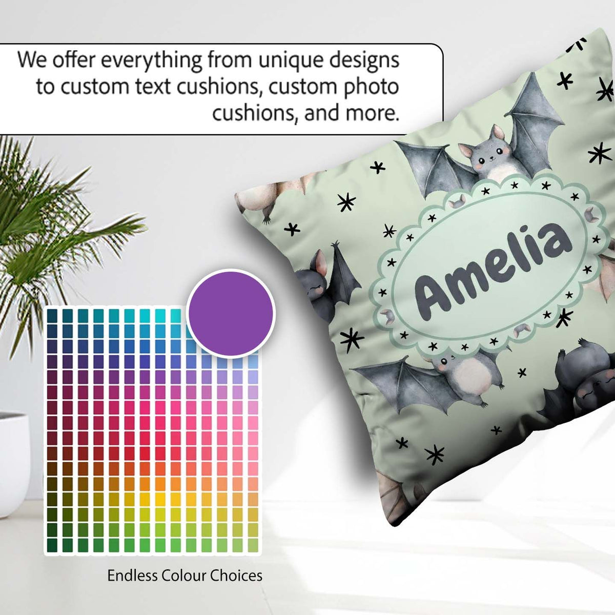 Custom Name Cute Baby Bats with Stars Soft Sage Green Background Square Filled Cushion Throw Pillow Sofa Bed Home Decor Zip Washable UK Made