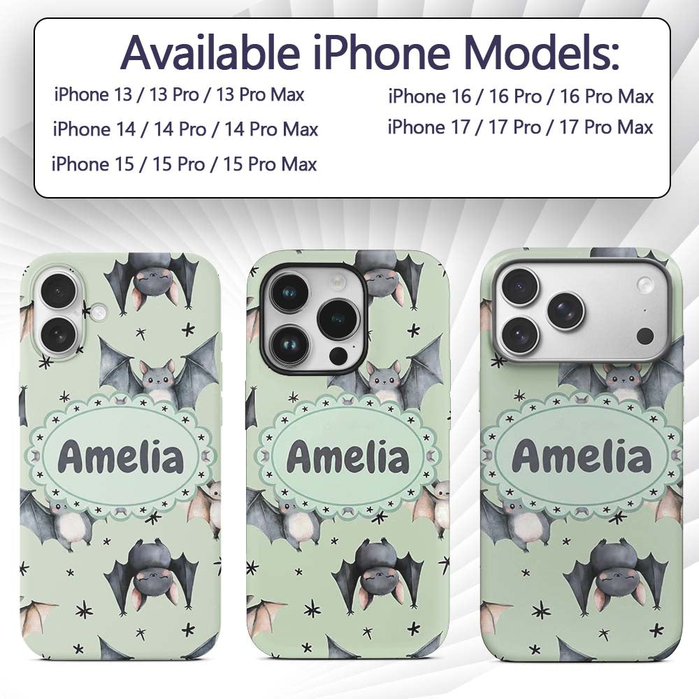 Cute Baby Bats Flying with Stars Soft Sage Green Custom Name Protective Phone Case Mobile Cover Durable Everyday Smartphone Shock Resistant
