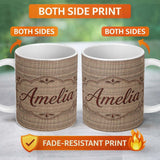 Personalized Custom Name Beige Small Check Woven Texture Seamless Pattern Cute Unique Gift 11oz Ceramic Coffee Tea Mug White Large Handle
