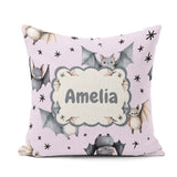 Custom Name Baby Bats Flying with Stars Soft Lavender Background Square Filled Cushion Throw Pillow Sofa Bed Home Decor Zip Washable UK Made