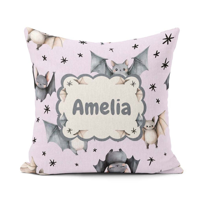 Custom Name Baby Bats Flying with Stars Soft Lavender Background Square Filled Cushion Throw Pillow Sofa Bed Home Decor Zip Washable UK Made