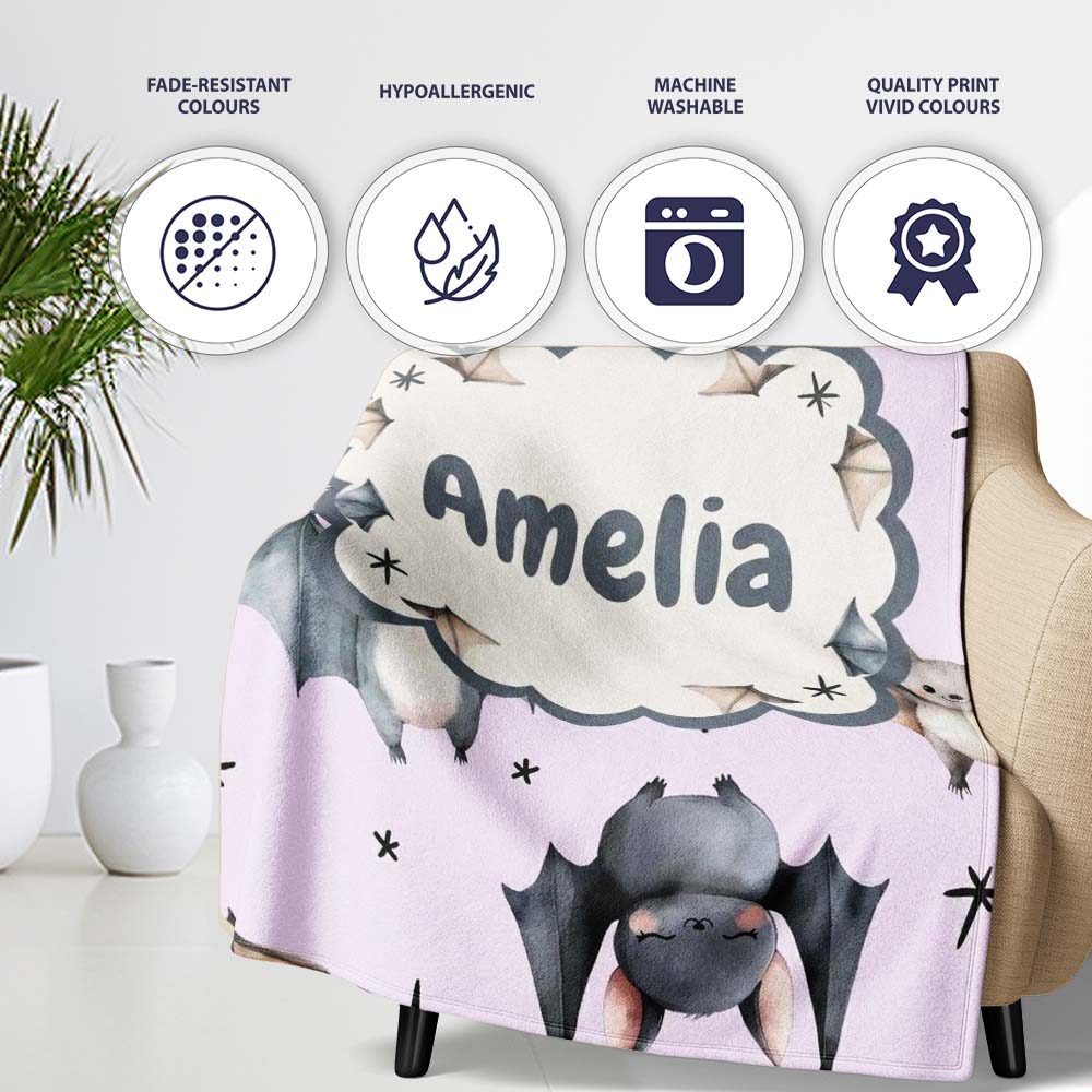 Cute Baby Bats Flying with Stars Soft Lavender Background Seamless  Personalised Custom Name Super Soft Fleece Blanket Bed Sofa Throw