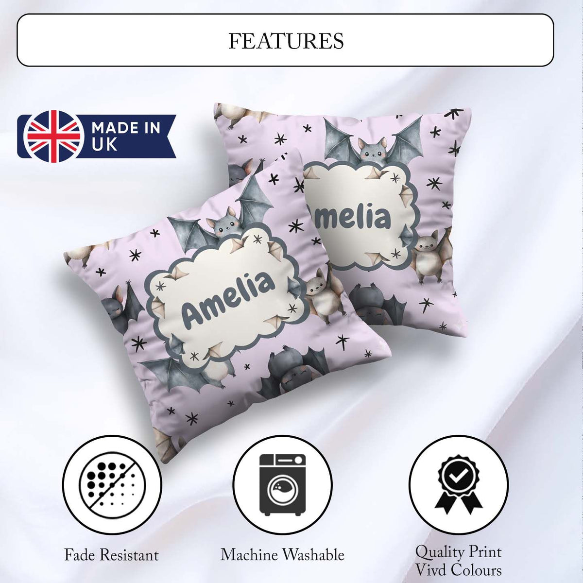 Custom Name Baby Bats Flying with Stars Soft Lavender Background Square Filled Cushion Throw Pillow Sofa Bed Home Decor Zip Washable UK Made