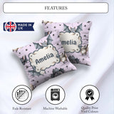Custom Name Baby Bats Flying with Stars Soft Lavender Background Square Filled Cushion Throw Pillow Sofa Bed Home Decor Zip Washable UK Made