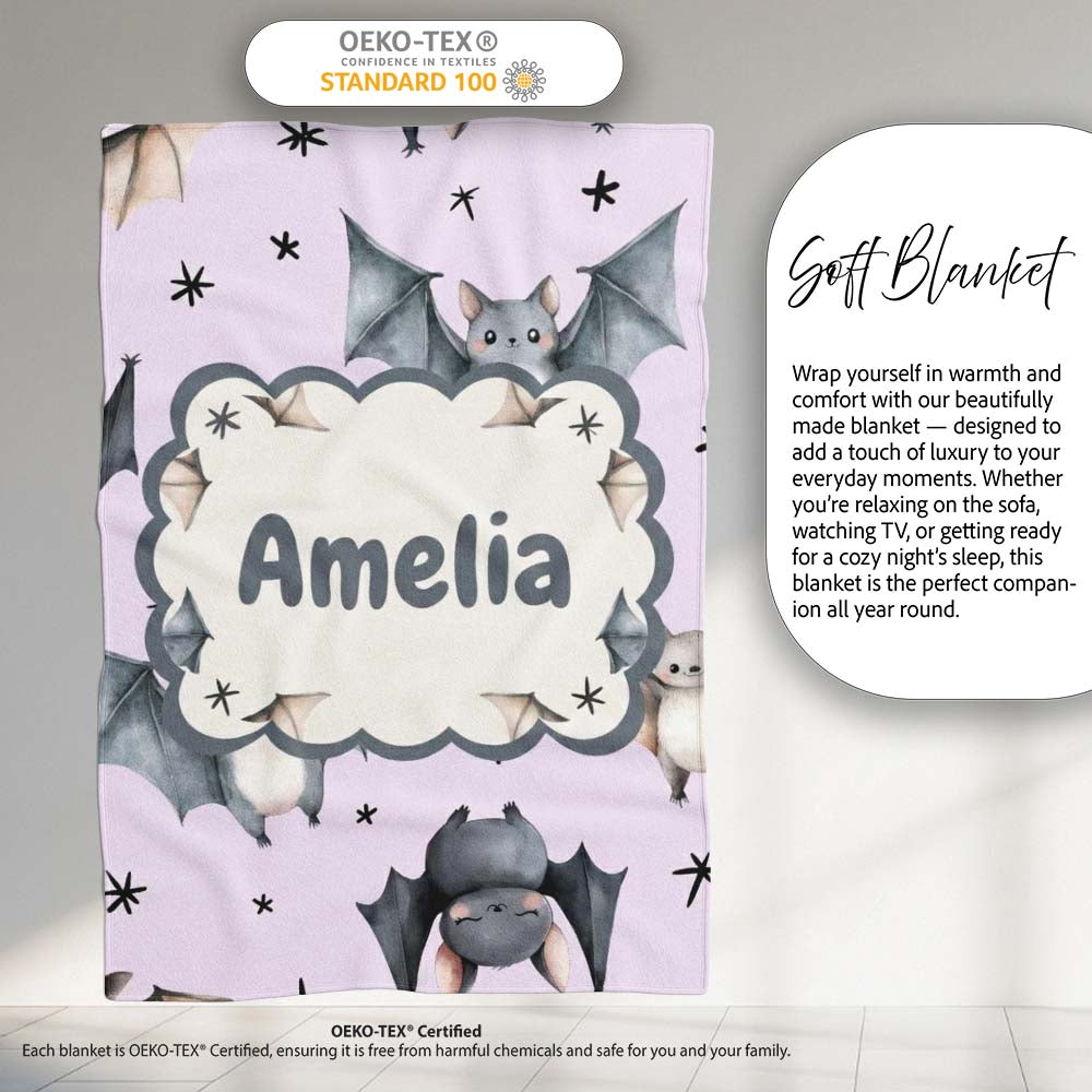 Cute Baby Bats Flying with Stars Soft Lavender Background Seamless  Personalised Custom Name Super Soft Fleece Blanket Bed Sofa Throw