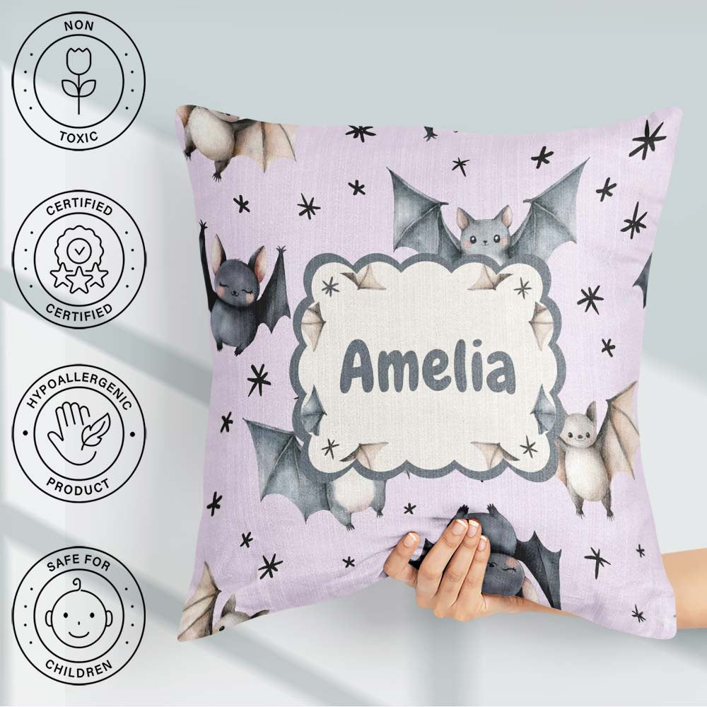 Custom Name Baby Bats Flying with Stars Soft Lavender Background Square Filled Cushion Throw Pillow Sofa Bed Home Decor Zip Washable UK Made